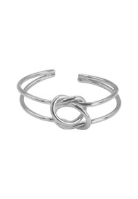 Bracciale in metallo argentato con due anelli intrecciati al centro, dalla finitura liscia e lucida e con estremità aperte per una vestibilità regolabile.