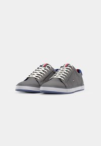 Gray canvas sneakers with white laces, blue and red accents, rounded toe, and a flat white sole. Features a small logo on the side.