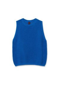 Blauer ärmelloser Pullover mit strukturiertem Strickmuster, rundem Halsausschnitt und geripptem Saum. Aus atmungsaktivem Material für hohen Tragekomfort.