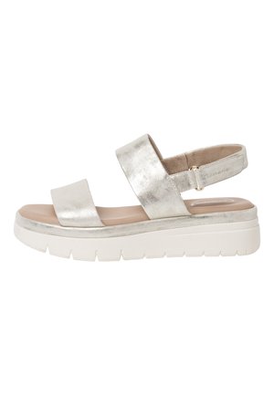Women's silver metallic open-toe sandal with two wide straps and a thick white sole.