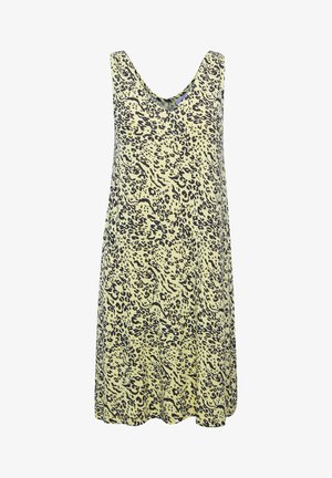 Abito senza maniche a scollo a barca in tessuto giallo chiaro con motivo a stampa leopardata nera. Design svasato con vestibilità rilassata, che arriva fino al ginocchio.