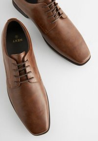 Chaussures habillées en cuir marron avec une texture lisse, présentant un design élégant, un bout rond et six œillets avec des lacets foncés.