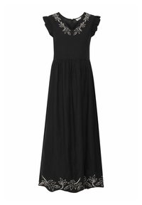 Robe maxi noire à manches courtes, avec un décolleté en V et une broderie de feuilles blanches le long du décolleté et de l'ourlet. Fabriquée en tissu léger.