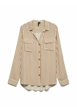 Ilgas rankovėmis marškiniai su vertikaliomis rudos ir baltos spalvų juostelėmis, su dviem krūtinės kišenėmis ir išlenkta apačia. Lengvas audinys.