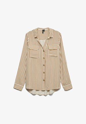 Skjorta med knappar och lång ärm i vertikala bruna och vita ränder, med två bröstfickor och rundad nederkant. Lätt tyg.