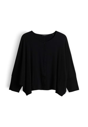 Cardigan nero a maniche lunghe con bottoni, maniche larghe e scollo rotondo, mostrato su sfondo bianco.