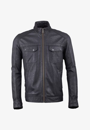 Black leather jacket with a stand-up collar, zip closure, and two chest pockets. Features quilted shoulder accents and smooth texture.