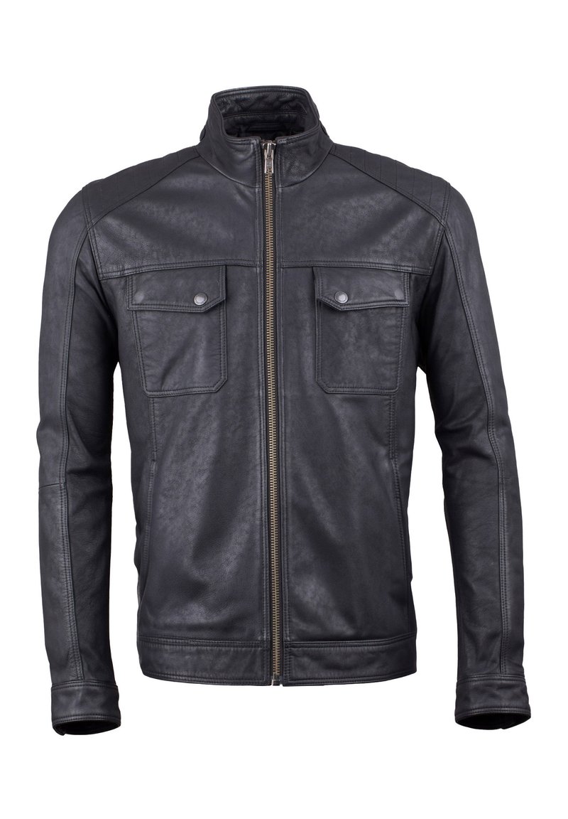 Black leather jacket with a stand-up collar, zip closure, and two chest pockets. Features quilted shoulder accents and smooth texture.