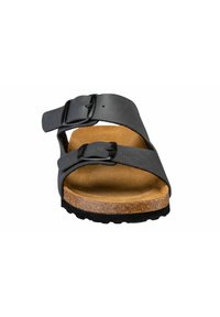 Black leather sandal with two adjustable straps, cork footbed, and rubber sole; minimalistic design with a smooth texture.