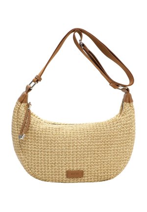 Beige vævet skuldertaske i halvmåneform med justerbar strop i tanfarvet læder og fletet læder lynlås træk.