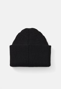 Black knit beanie hat with a ribbed texture, featuring a rolled-up cuff and a rounded top. The fabric appears soft and warm.
