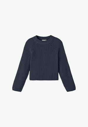 Maglione accorciato di un blu scuro navy con texture a coste, scollo rotondo e maniche lunghe a raglan. Design semplice senza hardware o motivi visibili.