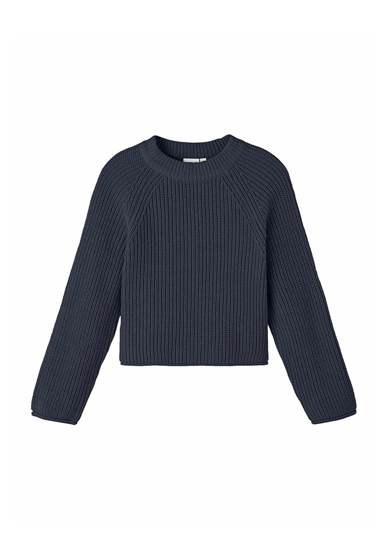 Maglione accorciato di un blu scuro navy con texture a coste, scollo rotondo e maniche lunghe a raglan. Design semplice senza hardware o motivi visibili.
