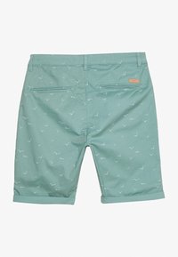 Pantalones cortos verde claro con un sutil patrón de pájaros, que cuentan con dos bolsillos traseros y un dobladillo enrollado, fabricados con un material suave.