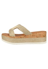 Béžové platformové sandály s tkanými textilními pásky, korkovou mezipodešví a gumovou podrážkou. Obsahují texturovaný akcent kolem základny.
