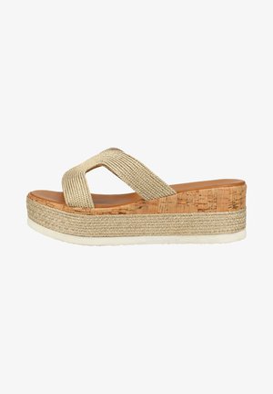 Beige Plattformsandalen mit geflochtenen Textilriemen, Kork-Zwischensohle und Gummiaußensohle. Enthält einen strukturierten Akzent um die Basis.
