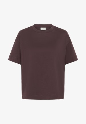Short-sleeve, loose-fitting dark mauve t-shirt made from soft cotton. Features a round neckline and minimal stitching details.
