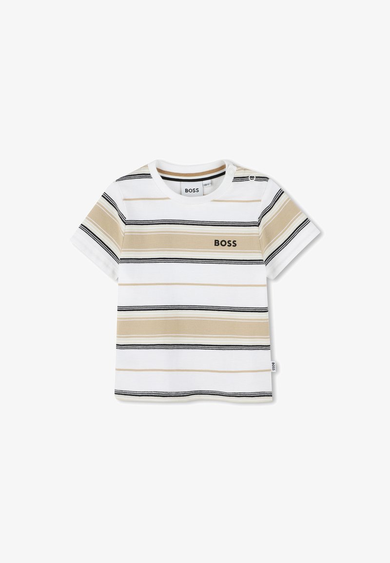 T-shirt a righe a maniche corte in bianco, beige e nero. Presenta un collo rotondo e un piccolo bottone sulla spalla. Logo "BOSS" stampato sul davanti.