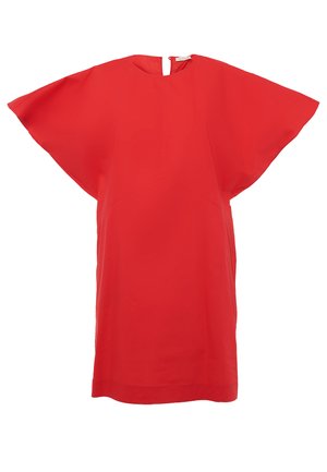 Vestito rosso a maniche corte con una vestibilità ampia. Realizzato in tessuto morbido, presenta un'apertura a forma di chiave nella schiena e un design privo di decorazioni.