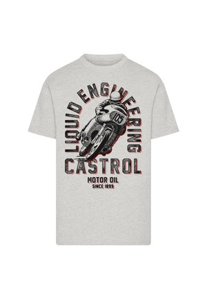 Gray cotton t-shirt featuring a printed motorcycle graphic with the text "LIQUID ENGINEERING CASTROL MOTOR OIL SINCE 1899" in black and red.