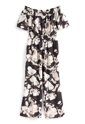 Off-the-shoulder jumpsuit met bloemenprint in zwart en roomwit, voorzien van een gerimpelde taille, korte mouwen en een wijd uitlopende broekspijp van een gestructureerde stof.