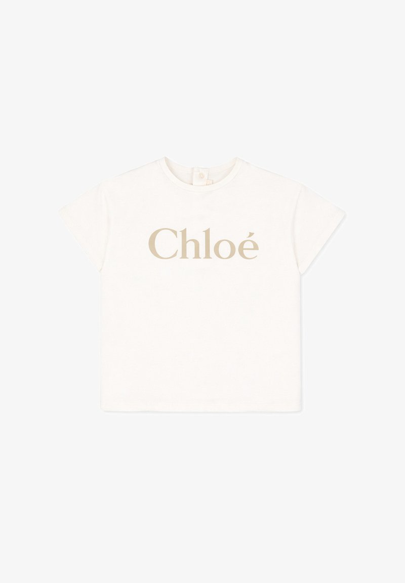 Maglietta bianca a maniche corte per bambino piccolo con logo "Chloé" beige centrato sul davanti e chiusura con bottoni sulla nuca.