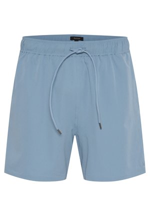 Vaaleansiniset uimapuvut, joissa on naru vyötäröllä, sileä pinta ja vähäinen kiilto. Sivusaumat ja pieni logo oikeassa jalassa.