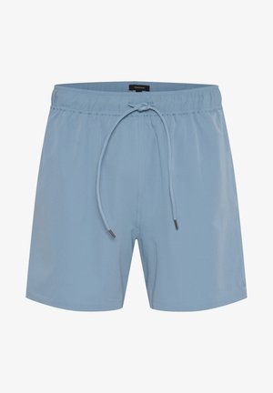 Vaaleansiniset uimapuvut, joissa on naru vyötäröllä, sileä pinta ja vähäinen kiilto. Sivusaumat ja pieni logo oikeassa jalassa.