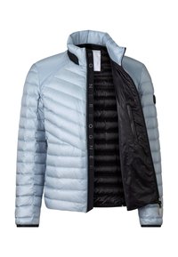 Light blue puffer jacket with a quilted design, featuring a stand collar, black interior lining, and zippered front pockets.