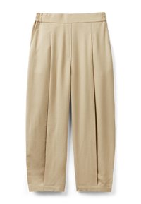 Béžové kalhoty s volným střihem, vybavené elastickým pasem, dvěma bočními kapsami a nařaseným detailem vpředu. Hladká textura látky.