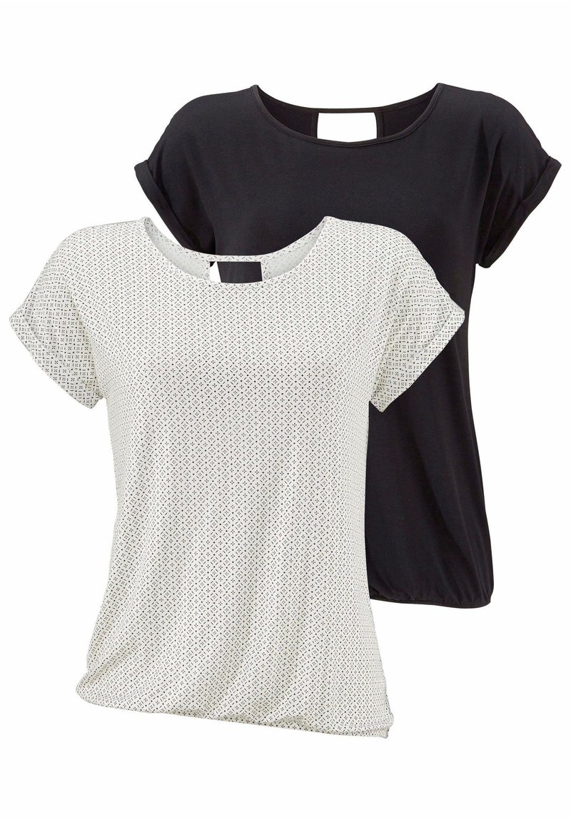 LASCANA 2 pack - T-shirt print - offwhite-gemustert+schwarz-uni