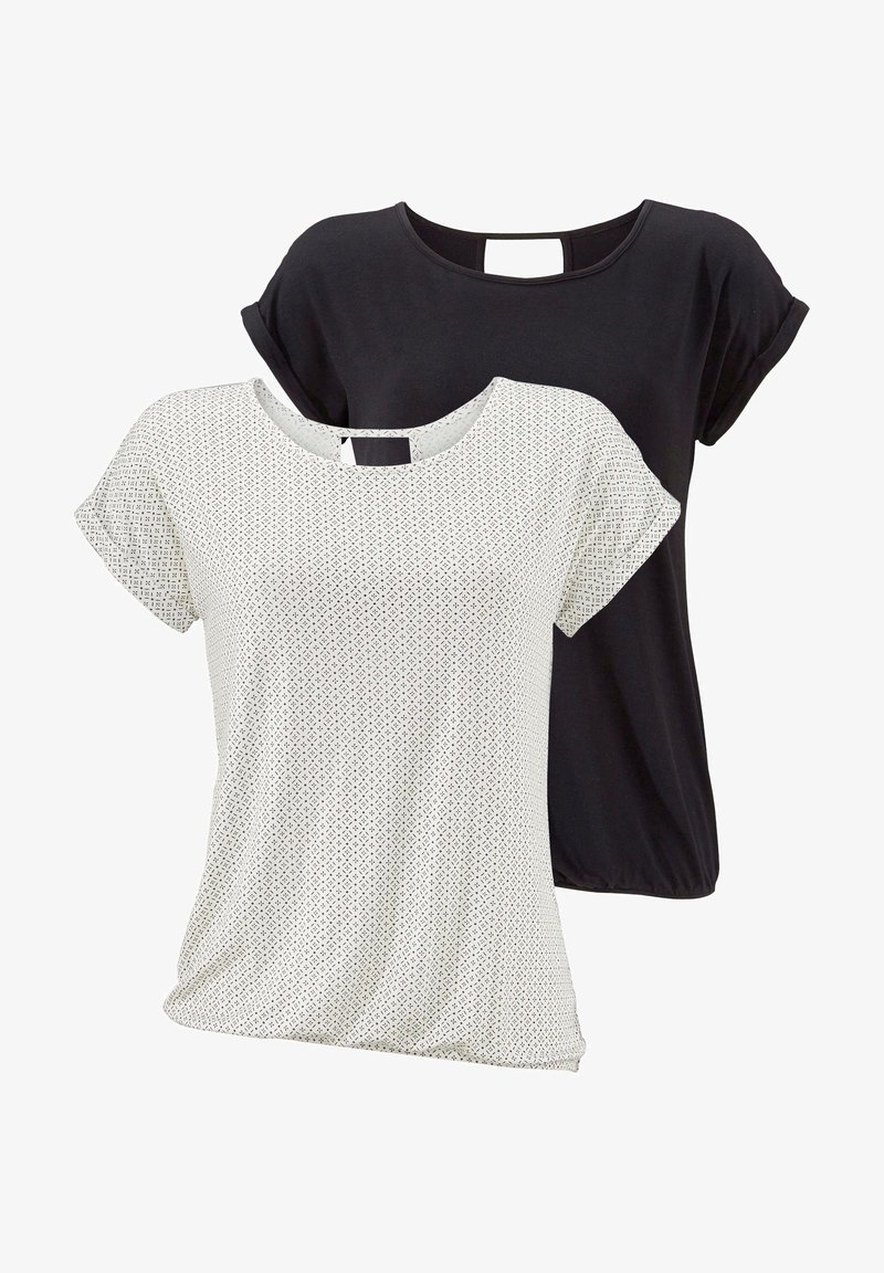 LASCANA 2 pack - T-shirt print - offwhite-gemustert+schwarz-uni