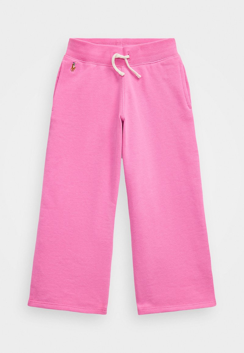 Pantaloni de trening roz, cu un design cu picioare largi, realizați dintr-un material moale. Au o talie elastică cu șnur și buzunare laterale.