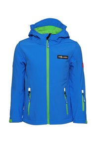 Blue softshell jacket with a green zipper and accents. Features a hood, side pockets with zippers, and a logo patch on the chest.