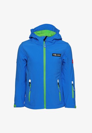 Blue softshell jacket with a green zipper and accents. Features a hood, side pockets with zippers, and a logo patch on the chest.