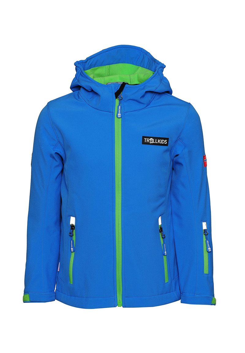Blue softshell jacket with a green zipper and accents. Features a hood, side pockets with zippers, and a logo patch on the chest.
