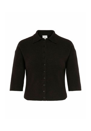 Schwarze kurzärmelige Strickjacke mit Kragen und sieben Knöpfen vorne, auf weißem Hintergrund dargestellt.
