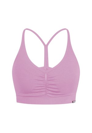 Bralette rose en matériau doux. Présente des détails froncés au centre et un dos nageur avec des bretelles fines.