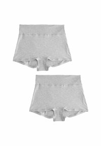 Grå bomullsshorts med en bred, elastisk midja. Slät textur, med längd till mitten av låret, har en snug passform och inga synliga mönster eller detaljer.