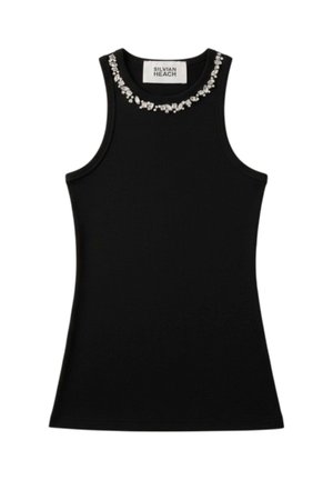 Top nero senza maniche aderente con scollatura rotonda decorata da una fila di piccole pietre decorative argento e trasparenti.