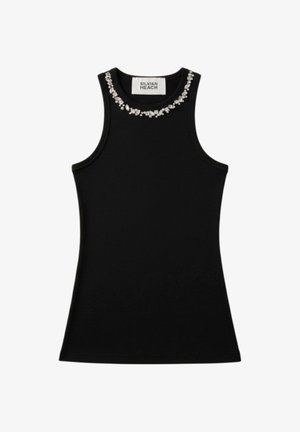 Top nero senza maniche aderente con scollatura rotonda decorata da una fila di piccole pietre decorative argento e trasparenti.