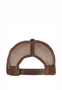 Bruine gaaspet met een gestructureerde vorm, verstelbare plastic band en een afgeronde top. Textuuroppervlak en open achterkant voor ventilatie.