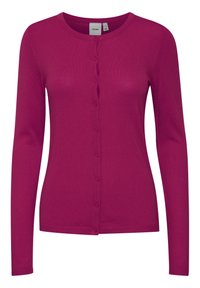 Fuksjowy kardigan wykonany z lekkiej dzianiny, z okrągłym dekoltem, długimi rękawami i frontowym zapięciem na sześć guzików.