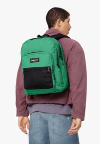 Mochila verde con bolsillo de malla negra, compartimentos con cremallera y correas ajustables, llevada sobre una camiseta gris y una chaqueta púrpura.