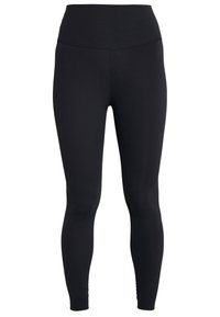 Leggings sportivi neri con una vita alta, realizzati in tessuto liscio e elasticizzato, caratterizzati da un design snello e senza motivi visibili.