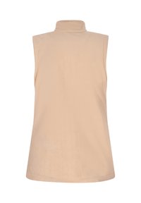 Top senza maniche color beige realizzato in un tessuto morbido e testurizzato. Presenta un colletto alto e una vestibilità rilassata, con un orlo liscio.