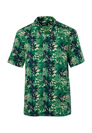 Kortærmet skjorte med et grønt blomster mønster, der har mørkeblå og cremefarvede blomster. Lavet af letvægtsstof med en afslappet pasform.
