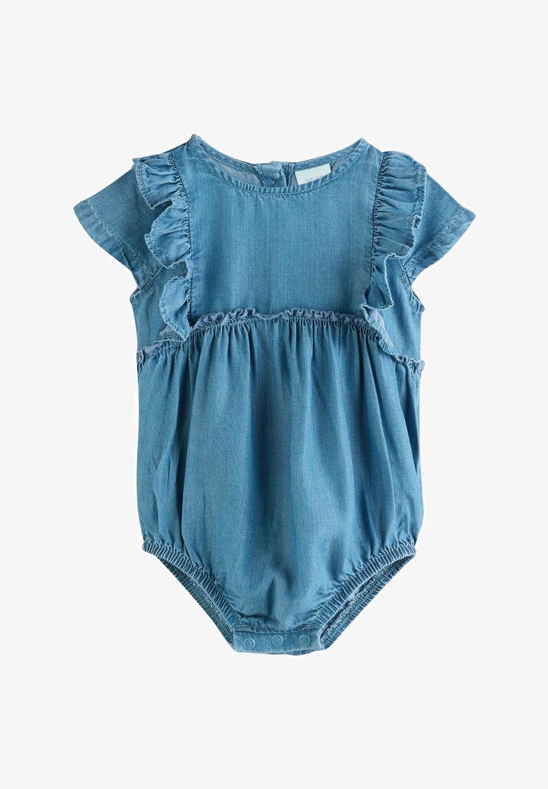 Blue denim short-sleeve baby romper with ruffle details on sleeves and chest, elastic leg openings, and snap buttons at the bottom.