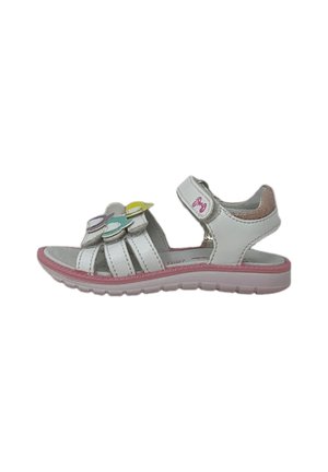 Sandali bianchi con tre cinturini regolabili, decorati con fiori colorati. La suola è rosa e presenta una superficie testurizzata per garantire grip.