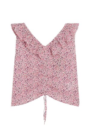 Top rosa sin mangas con estampado floral, escote en V con volantes y detalle de cordón en el dobladillo delantero central.
